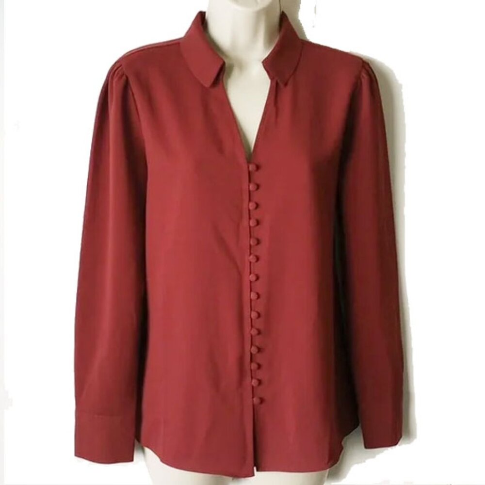 NWOT Alfani Crepe Button Down Long Sleeve Blouse S Brick Red